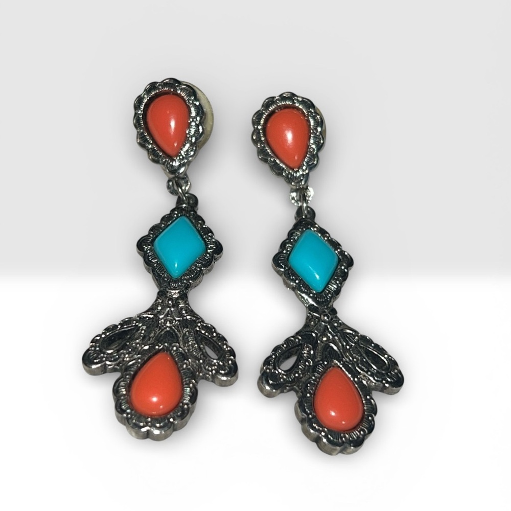 Aztec Western Cowboy Core Silver and Turquoise Dangle Earrings Festival Wear